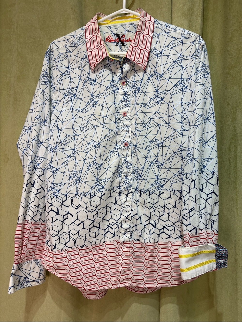 Robert Graham White Button-Down Shirt with Blue Geometric & Red Accents